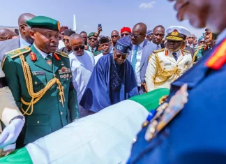President Bola Tinubu receives the remains of former President Muhammadu Buhari at the Umaru Musa Yar'Adua Airport, Katsina on Tuesday, July 15, 2025
