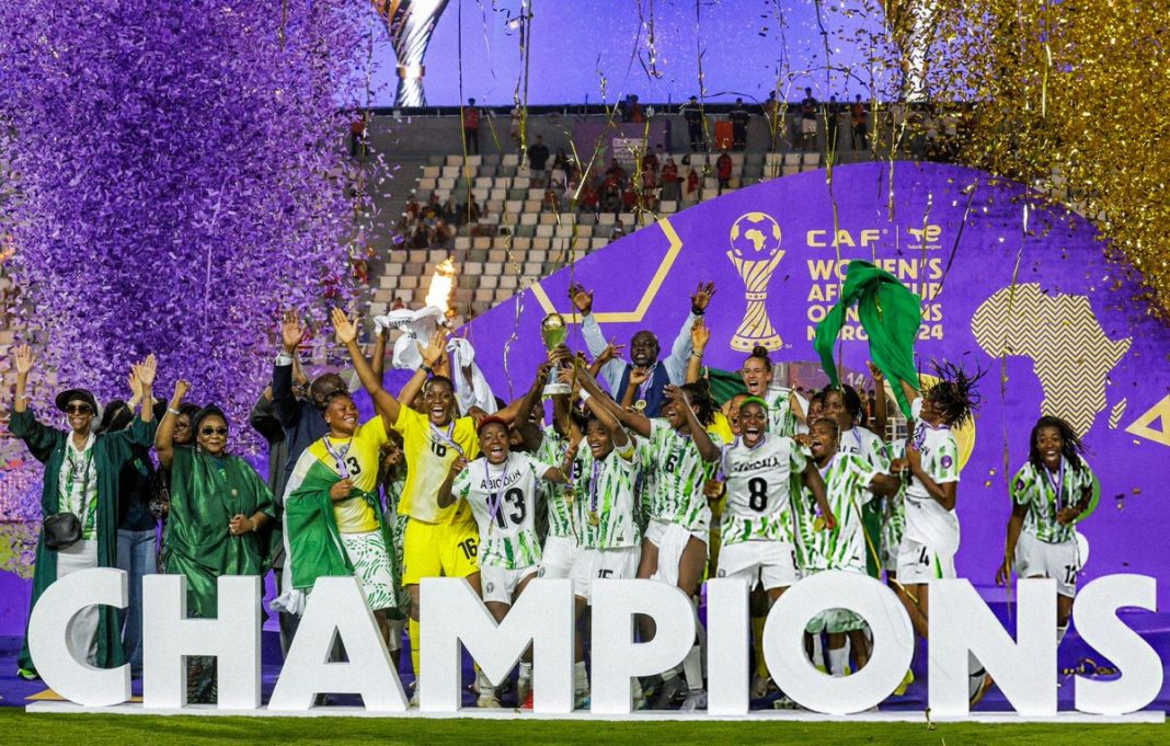 Super Falcons celebrate after winning the 2024 Women's African Cup of Nations after defeating Morocco on Saturday, July 26, 2025