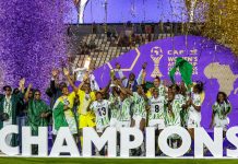 Super Falcons celebrate after winning the 2024 Women's African Cup of Nations after defeating Morocco on Saturday, July 26, 2025