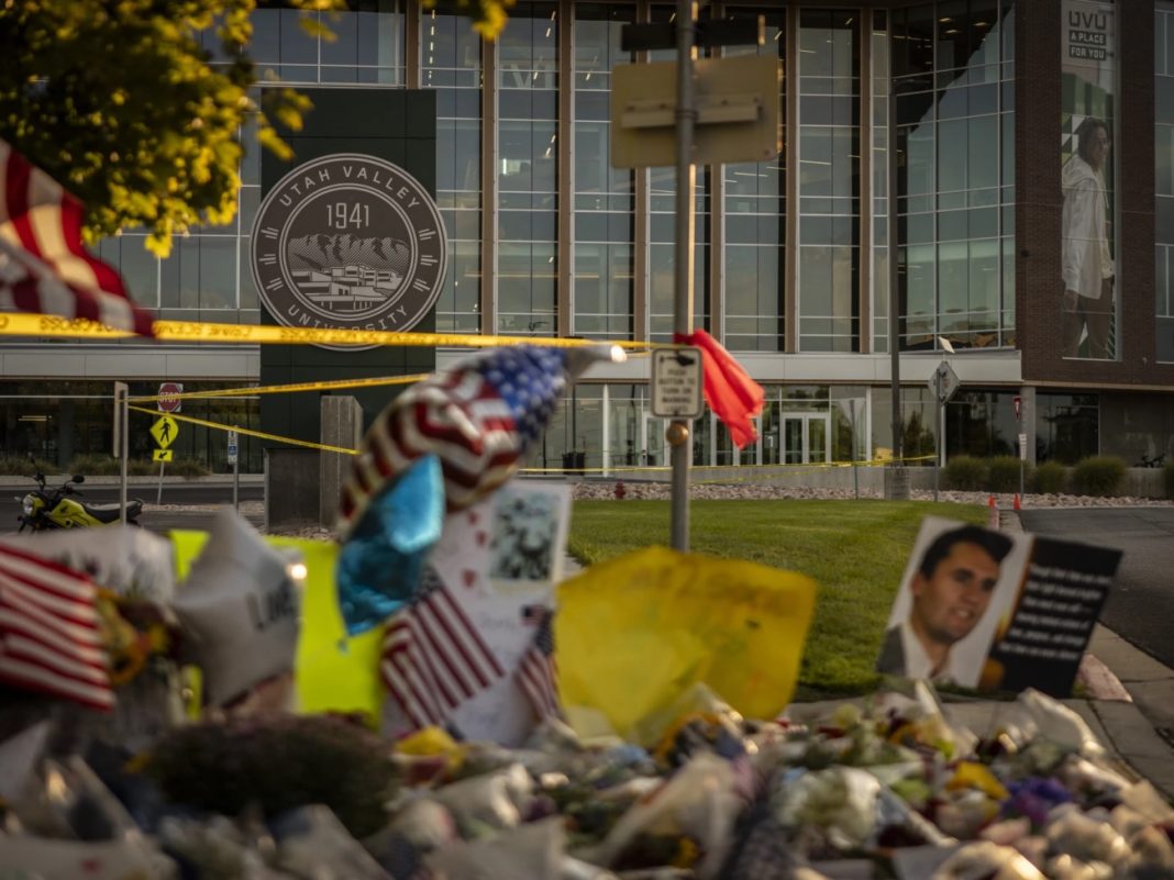 A memorial for political activist Charlie Kirk stands on the grounds of Utah Valley University on Sept. 13, 2025, in Orem, Utah.
