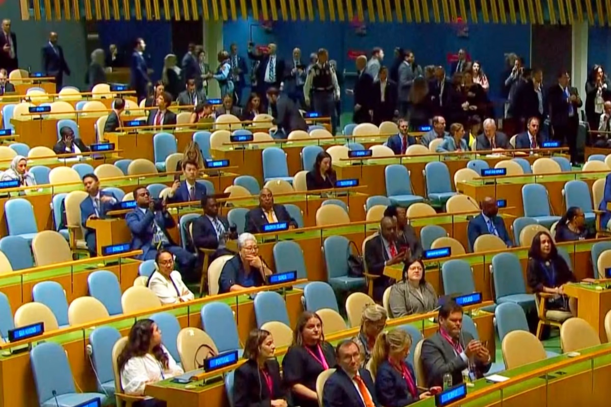 Dozens of delegates walked out as Netanyahu spoke at the United Nations General Assembly on Friday, September 26, 2025. | AP