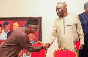 Nasir El-Rufai shakes hands with Atiku Abubakar as African Democratic Congress (ADC) leaders hold meeting in Abuja on Thursday, September 25, 2025