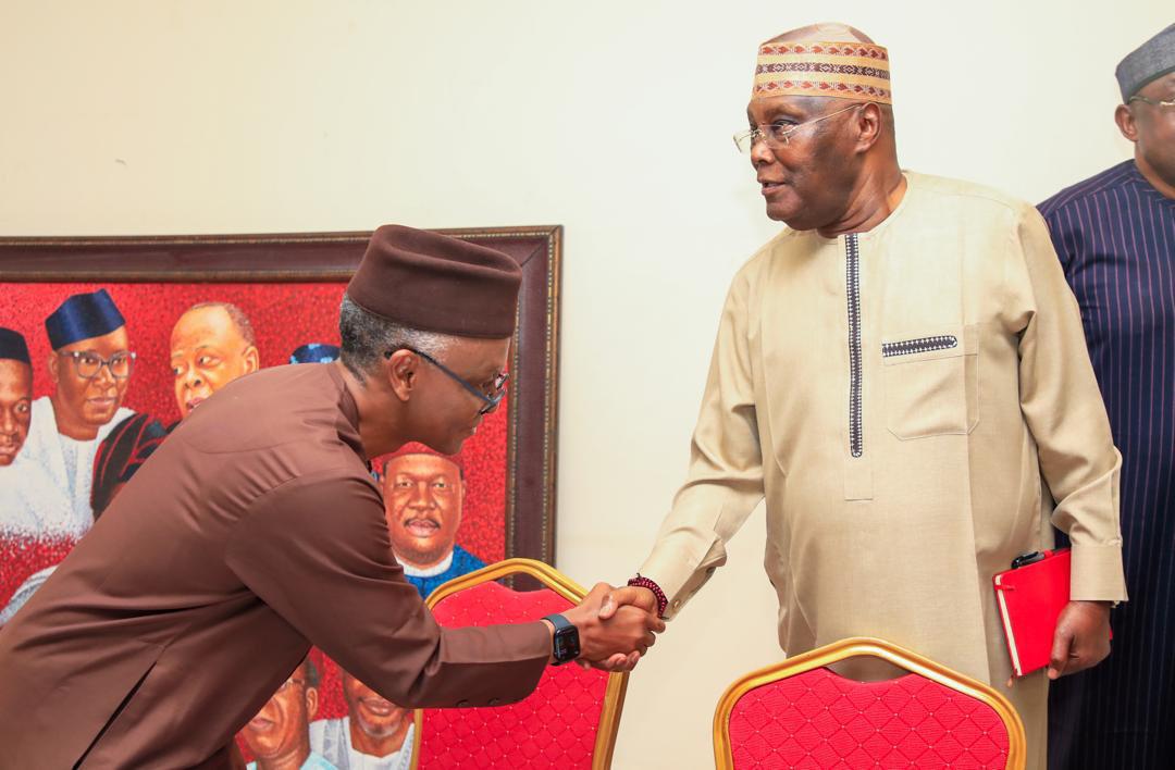 Nasir El-Rufai shakes hands with Atiku Abubakar as African Democratic Congress (ADC) leaders hold meeting in Abuja on Thursday, September 25, 2025