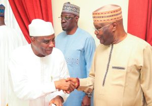 Aminu Tambuwal shakes hands with Atiku Abubakar as African Democratic Congress (ADC) leaders hold meeting in Abuja on Thursday, September 25, 2025