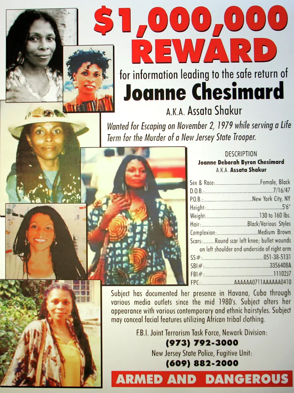 FILE - A reward poster announcing the federal bounty for the capture of convicted killer Joanne Chesimard, who used the name Assata Shakur, seen in West Trenton, N.J. on Monday, May 2, 2005.Tim Larsen/AP