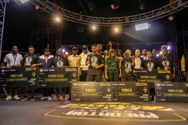 Winners of the Predator Energy Freestyle Football Championship 2025 pose with dignitaries and guests at Ikeja City Mall in Lagos on Saturday, October 18, 2025. Pictured are Valentine Ozigbo, Chairman of Feet ’ N’ Tricks International; His Excellency Comrade Philip Shaibu, Director-General of the National Institute of Sports; Aisha Falode, Executive Committee Member of the Nigeria Football Federation (NFF) and FIFA Media and Communications Committee Member; and Dr Angel Adelaja-Kuye, Special Adviser to the Ogun State Governor. Also present were veteran broadcaster Olisa Adibua, Oraka Nnanyelu Nvy, Aisha Falode, and other notable guests. | Alexis Photos/FNT