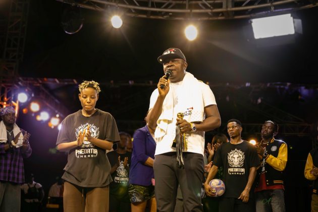 At the Predator Energy Freestyle Football Championship 2025, held at Ikeja City Mall in Lagos on October 18, 2025, Valentine Ozigbo celebrates with women’s winner Evelyn Okafor as men’s champion Ezeakabudu “BlessedChild” looks on, holding his ball after a night of electrifying performances. | Alelxis Photos/FNT