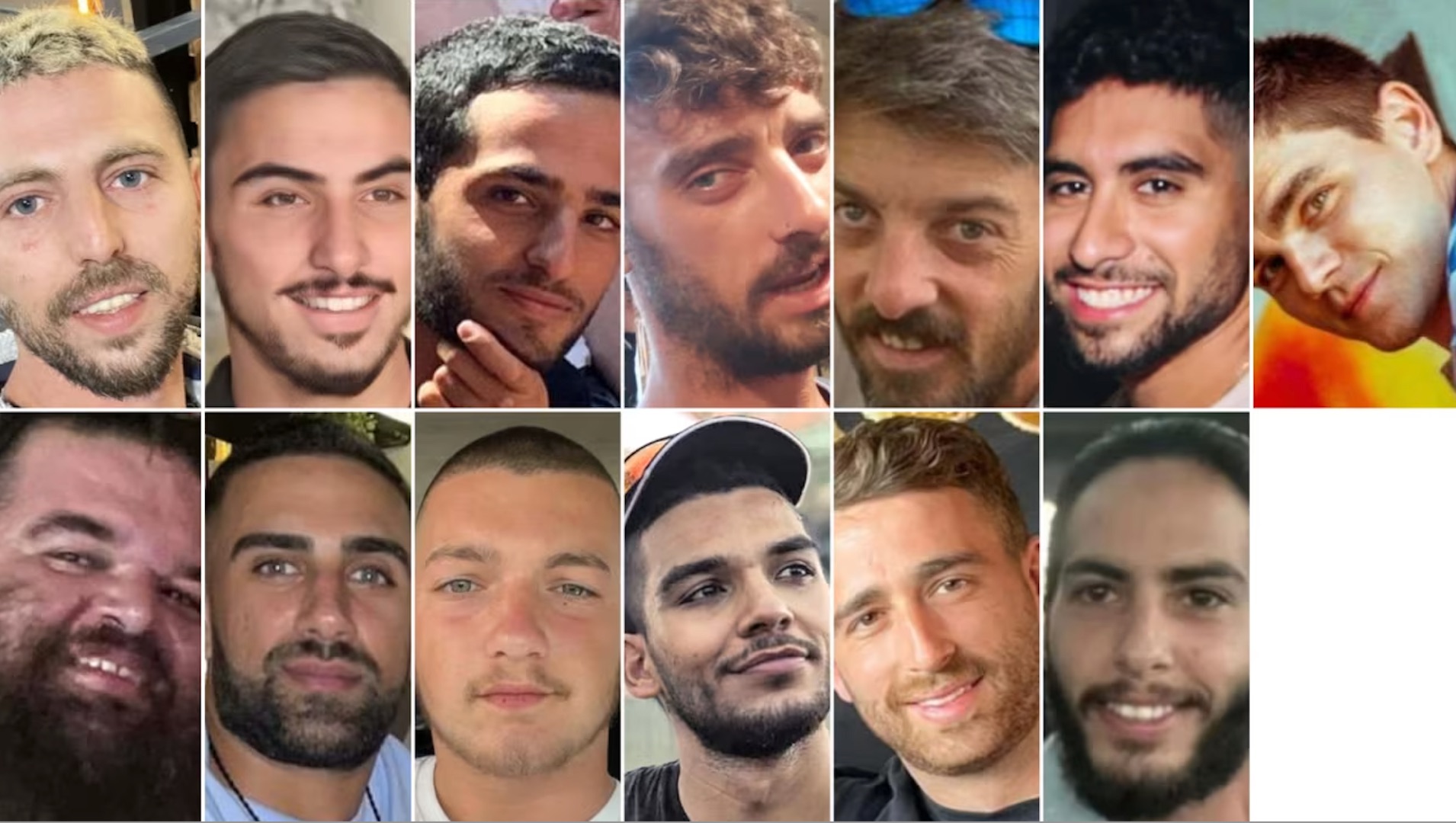Top row (left to right): Elkana Bohbot, Rom Braslavski, Nimrod Cohen, Ariel Cunio, David Cunio, Evyatar David, Maxim Herkin. Bottom row (left to right): Eitan Horn, Segev Kalfon, Bar Kupershtein, Yosef-Chaim Ohana, Avinatan Or and Matan Zangauker. | Hostages and Missing Families Forum 