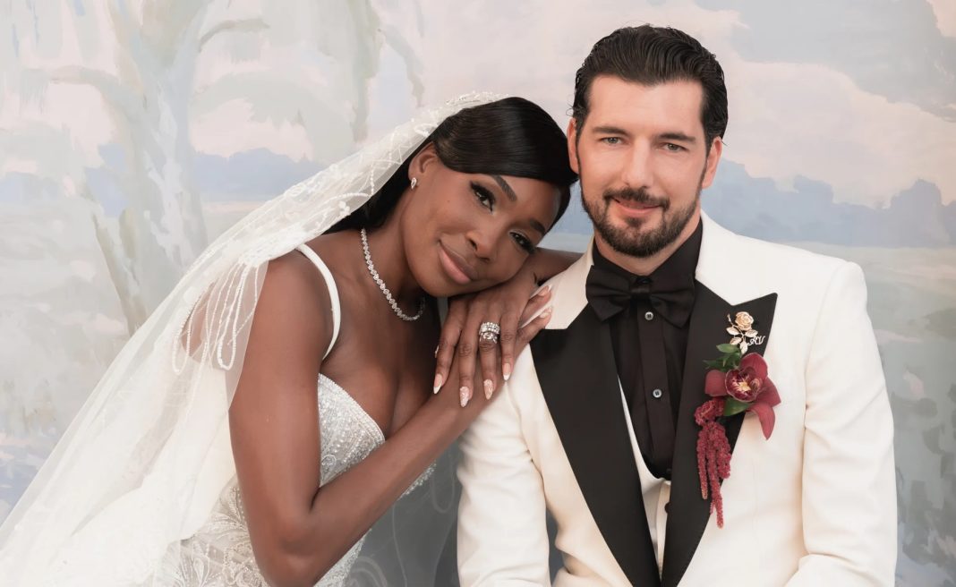 Venus Williams and her husband, Andrea Preti, pose together at their wedding on September 18, 2025. Williams wore a gown by Kim Kassas, paired with jewellery by David Yurman. | David Bastianoni/Vogue