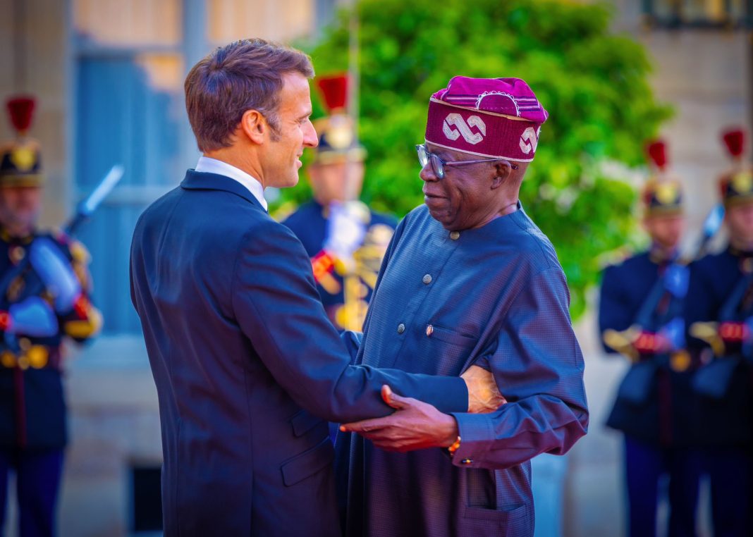 President Emmanuel Marcon of France welcomes President Bola Ahmed Tinubu to the state Banquet for the New Global Finance Pact Summit on Thursday, June 22, 2025. | State House Photo, EU