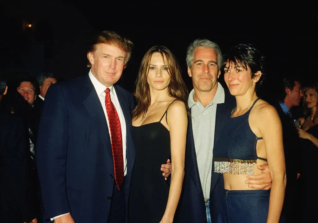 Donald Trump alongside his wife, Jeffrey Epstein, and Ghislaine Maxwell at the Mar-a-Lago club, Palm Beach, Florida, February 12, 2000. | Davidoff Studios/Getty Images