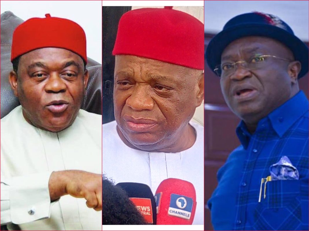 L-R: Former Abia Governors Senator Theodore Orji, Senator Orji Uzor Kalu, and Okezie Ikpeazu