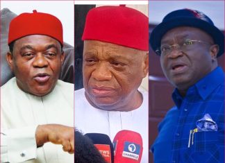 Abia Youth Group Pushes for Prosecution of Former Governors Kalu, Orji, and Ikpeazu Over Alleged N1 Trillion Mismanagement L-R: Former Abia Governors Senator Theodore Orji, Senator Orji Uzor Kalu, and Okezie Ikpeazu