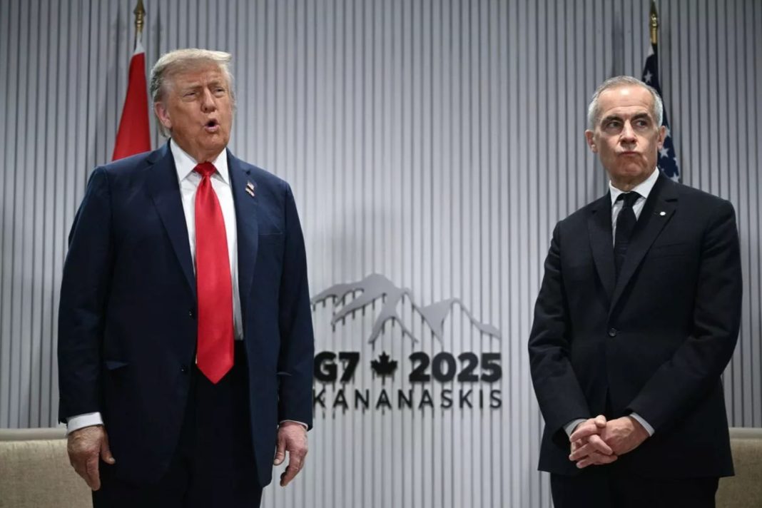 President Donald Trump meets with Canada’s Prime Minister Mark Carney at the G7 Summit in June 2025. | AFP via Getty Images)