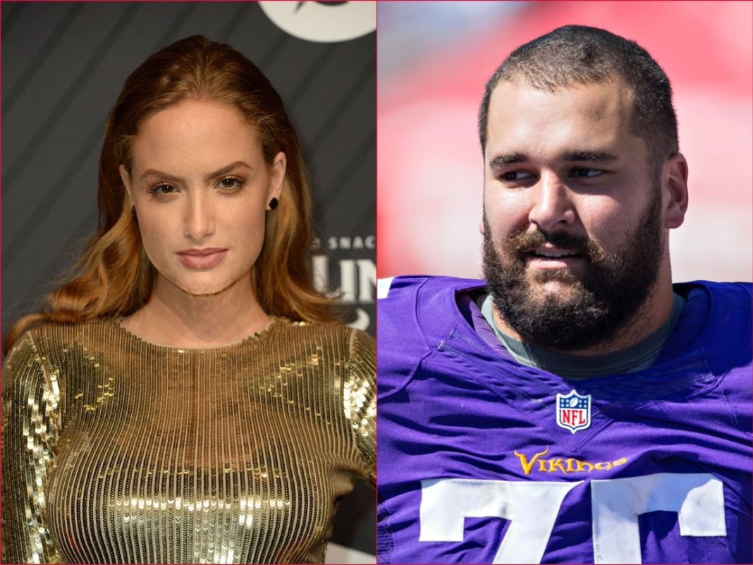 Composite: Model Haley Kalil is pictured on the red carpet at the 2017 Sports Illustrated Sportsperson of the Year Awards in New York. Matt Kalil #75 of the Minnesota Vikings stands on the sidelines during a game against the Tennessee Titans at Nissan Stadium on September 11, 2016, in Nashville, Tennessee. | Wesley Hitt/Getty Images; Getty Images