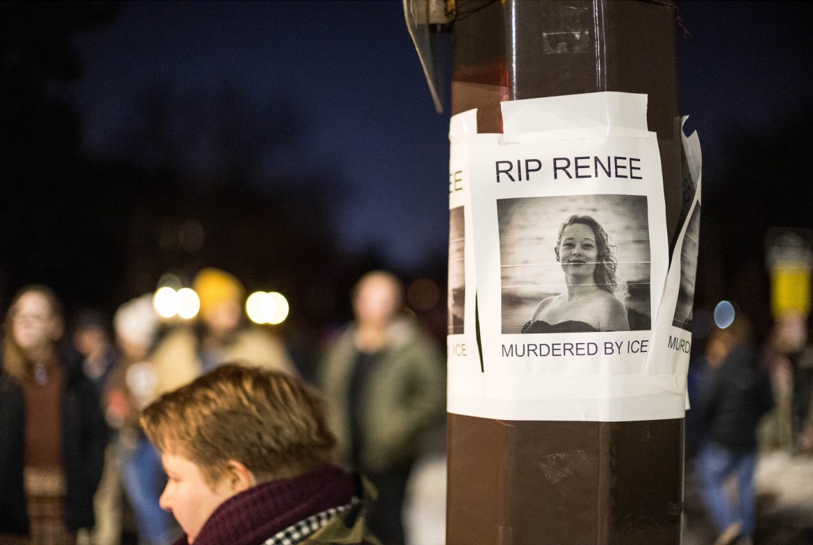 People gather for a vigil and protest for Renee Nicole Macklin Good in Minneapolis, Minnesota, on 7 January 2026. Photograph: Steven Garcia/NurPhoto/Shutterstock