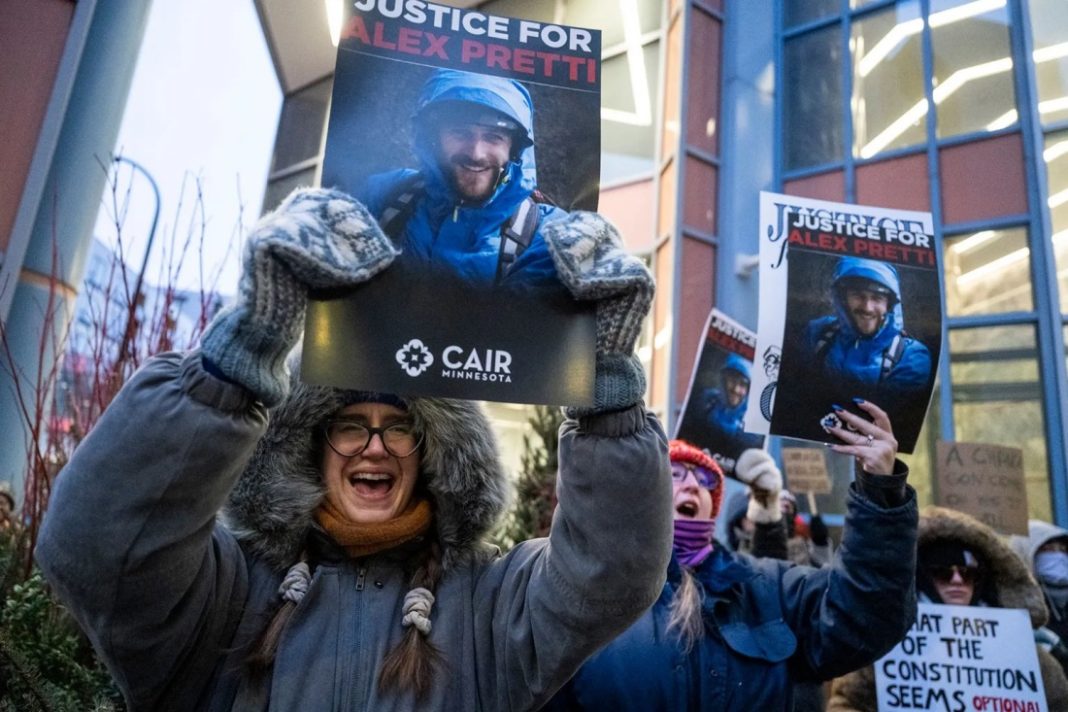 Protesters gathered outside the office of Minnesota senator Amy Klobuchar on Monday, Jan. 26, 2026, following the shooting. | AFP viaGetty Images