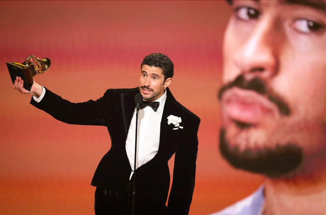 LOS ANGELES, CA – FEBRUARY 2026: Bad Bunny poses backstage after winning Album of the Year for DeBÍ TiRAR MáS FOToS at the 2026 Grammy Awards. The global superstar was nominated in multiple categories, including Record of the Year and Song of the Year, making history with his wins and nominations. | CBS Photo Archive/Getty Images