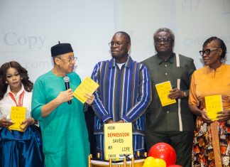 Betty Irabor Weeps, Olumide Akpata Urges Deeper Dialogue at Launch of Chude Jideonwo’s Memoir LAGOS, NIGERIA – JANUARY 29, 2026: From left, Shaffy Bello, Pat Utomi and Chude Jideonwo stand on stage during the launch of How Depression Saved My Life at Alliance Française, Ikoyi, an evening that evolved into a moment of emotional openness and public reflection. | Photo Provided by Red Media