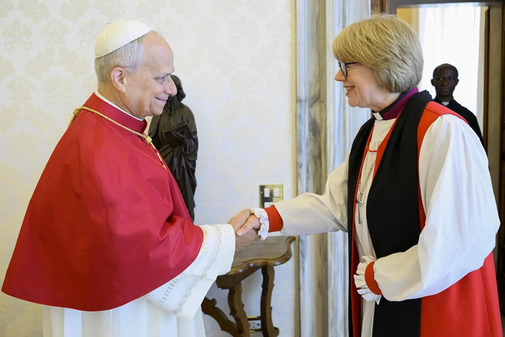 Dame Sarah pictured at the historic meeting with the Pope in Rome on Monday, April 27, 2026. | Vatican Media/PA