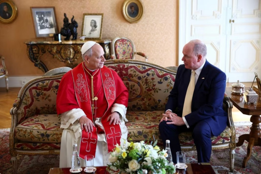 Pope Leo XIV meets with Prince Albert II of Monaco during a private meeting at the Prince's Palace as part of a one-day trip, in Monaco on March 28, 2026.