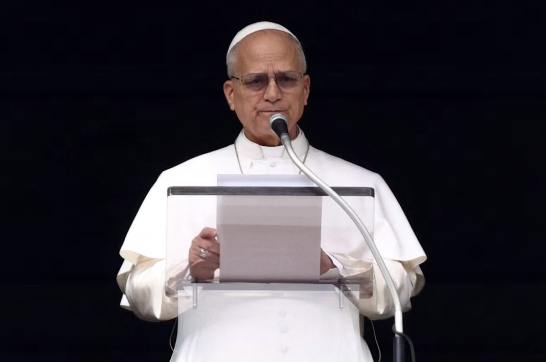 Pope Leo XIV leads the Angelus prayer at the Vatican on Sunday, March 1, 2026. | Guglielmo Mangiapane/Reuters