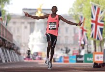 Kenyan Sabastian Sawe Breaks 2-Hour Barrier to Win London Marathon Sabastian Sawe celebrates crossing the line and winning with a new world record at the London Marathon on Sunday. Alex Davidson/Getty Images