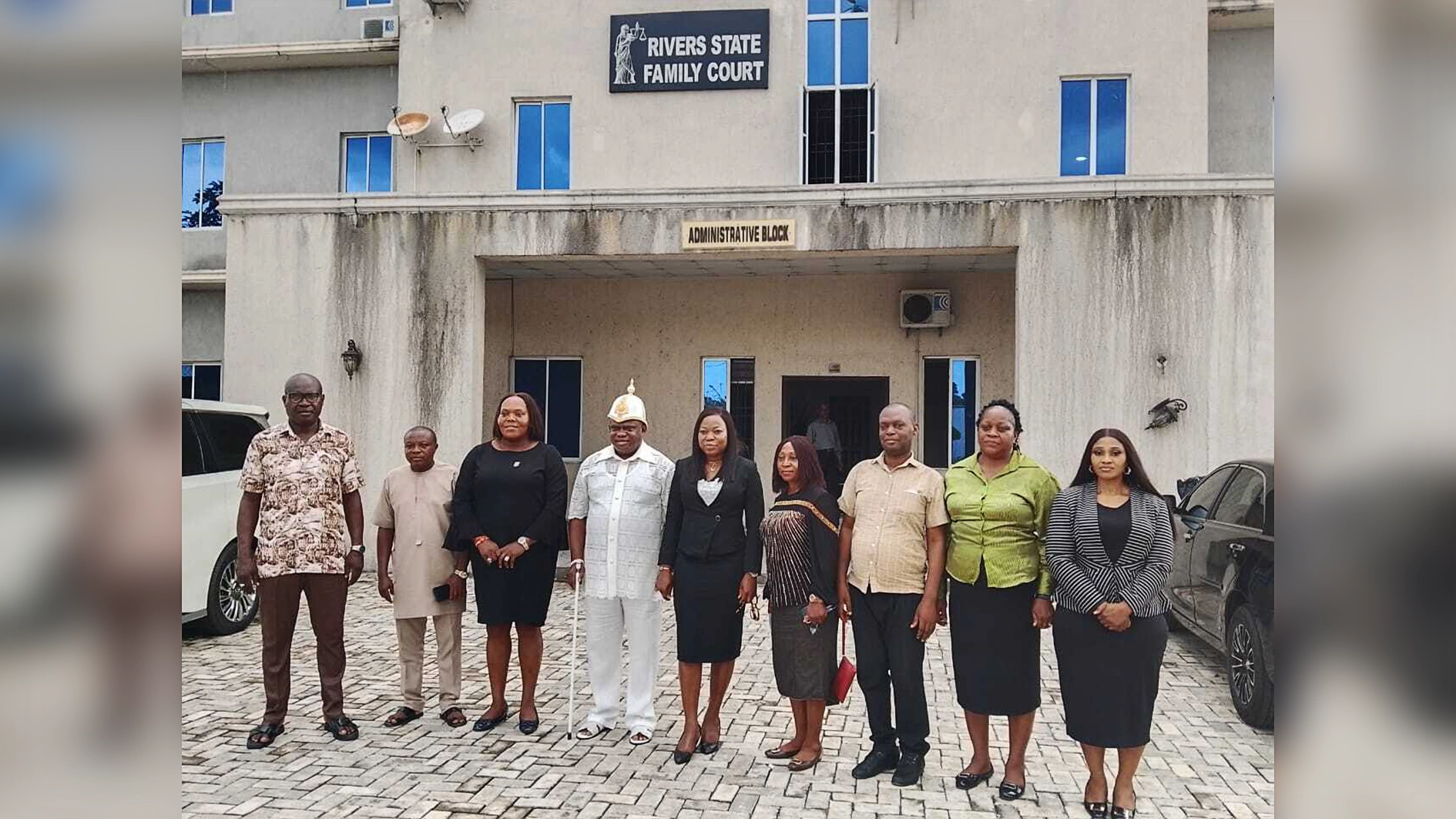 Rivers Permanent Secretary Ministry of Social Welfare and Rehabilitation Lauretta Davies Dimpka( 5th Right), the FIDA Chairperson, Tamunouemi Life- George( 3rd Left and OPM General Overseer, Apostle Chibuzor Gift Chinyere(4th Left), and Directors of the Ministry shortly after the meeting.
