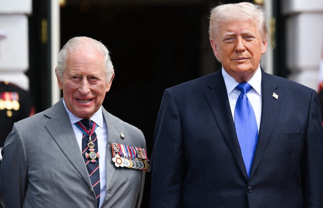 President Donald Trump stands with Britain's King Charles at the White House, in Washington, D.C.