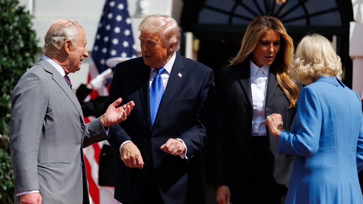 King Charles III, from left, US President Donald Trump, First Lady Melania Trump, and Queen Camilla during a departure ceremony at the South Portico of the White House in Washington, DC, US, on Thursday, April 30, 2026.