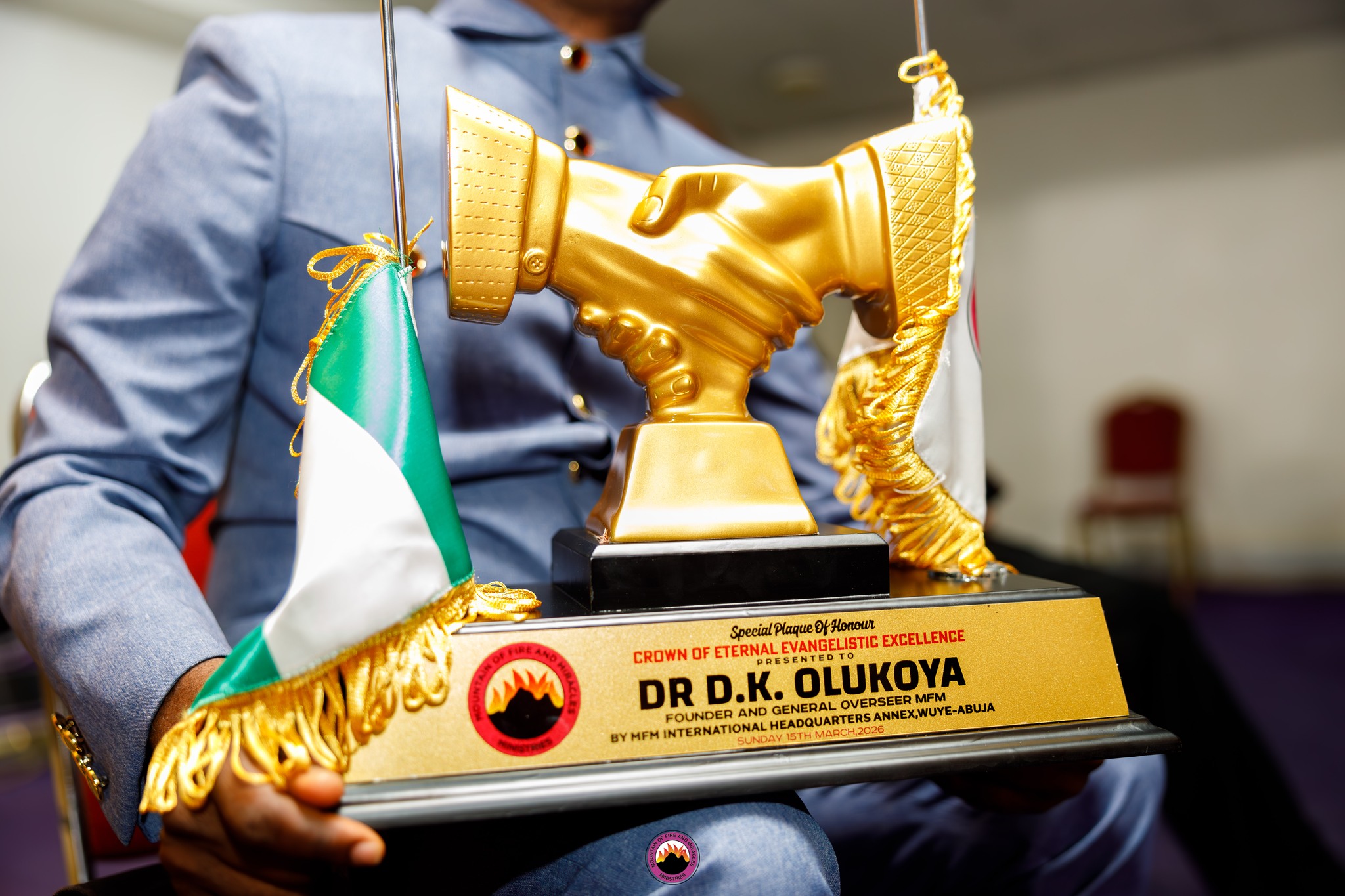 An award for excellence received by Dr. Daniel K. Olukoya, the General Overseer of Mountain of FIre and Miracles Ministries (MFM) in March 2026. | Daniel Olukoya/Facebook