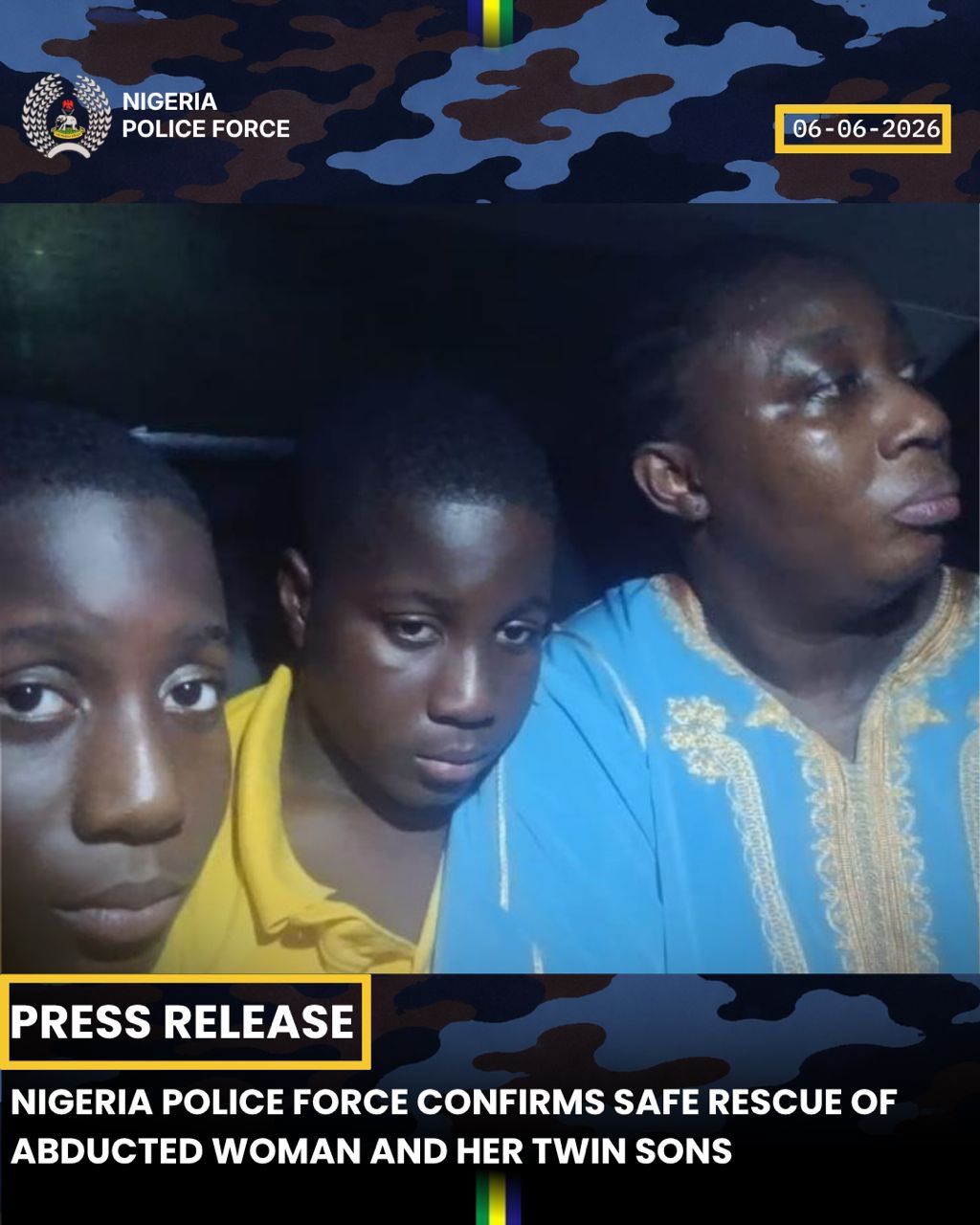 Mrs Olaide Busayo Adegoke John-Paul and her 12-year-old twin sons, Peter and Paul, pictured after their rescue. | X/Nigeria Police Force