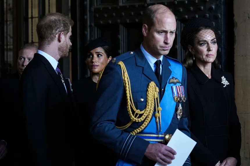 Britain's Prince William, Kate, Princess of Wales, Prince Harry, and Meghan, Duchess of Sussex, pay their respects to Queen Elizabeth II 
