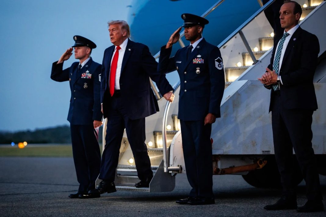 Helicopter, President Donald Trump steps off of Air Force One after landing at Morristown Airport on June 5, 2026 in Morristown, New Jersey.