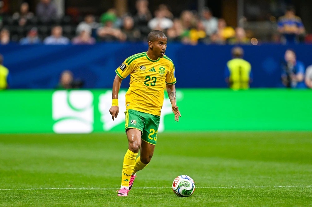Jayden Adams of South Africa looks to pass during a World Cup match against Czechia on June