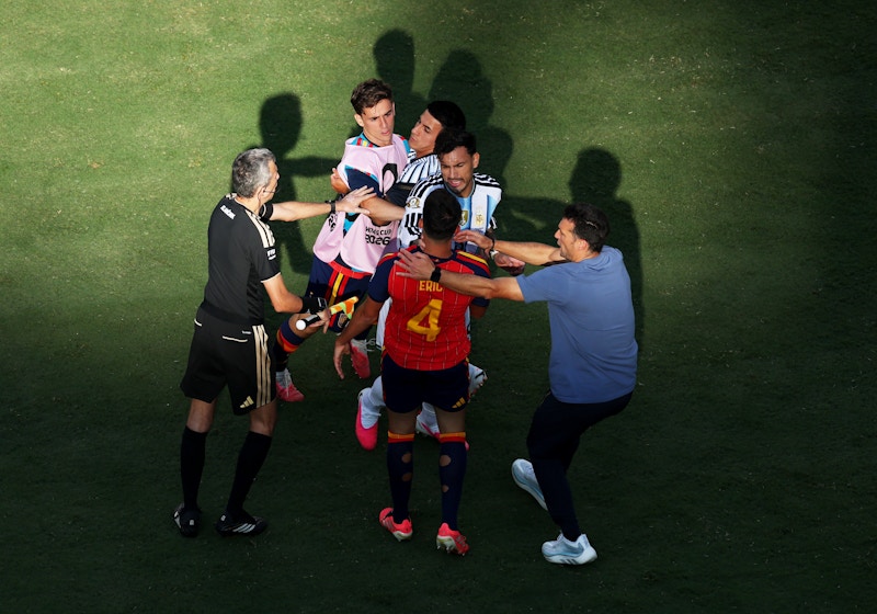 Players and officials from Spain and Argentina are separated during a scuffle in the FIFA World Cup final at MetLife Stadium in East Rutherford, New Jersey, on July 19, 2026.