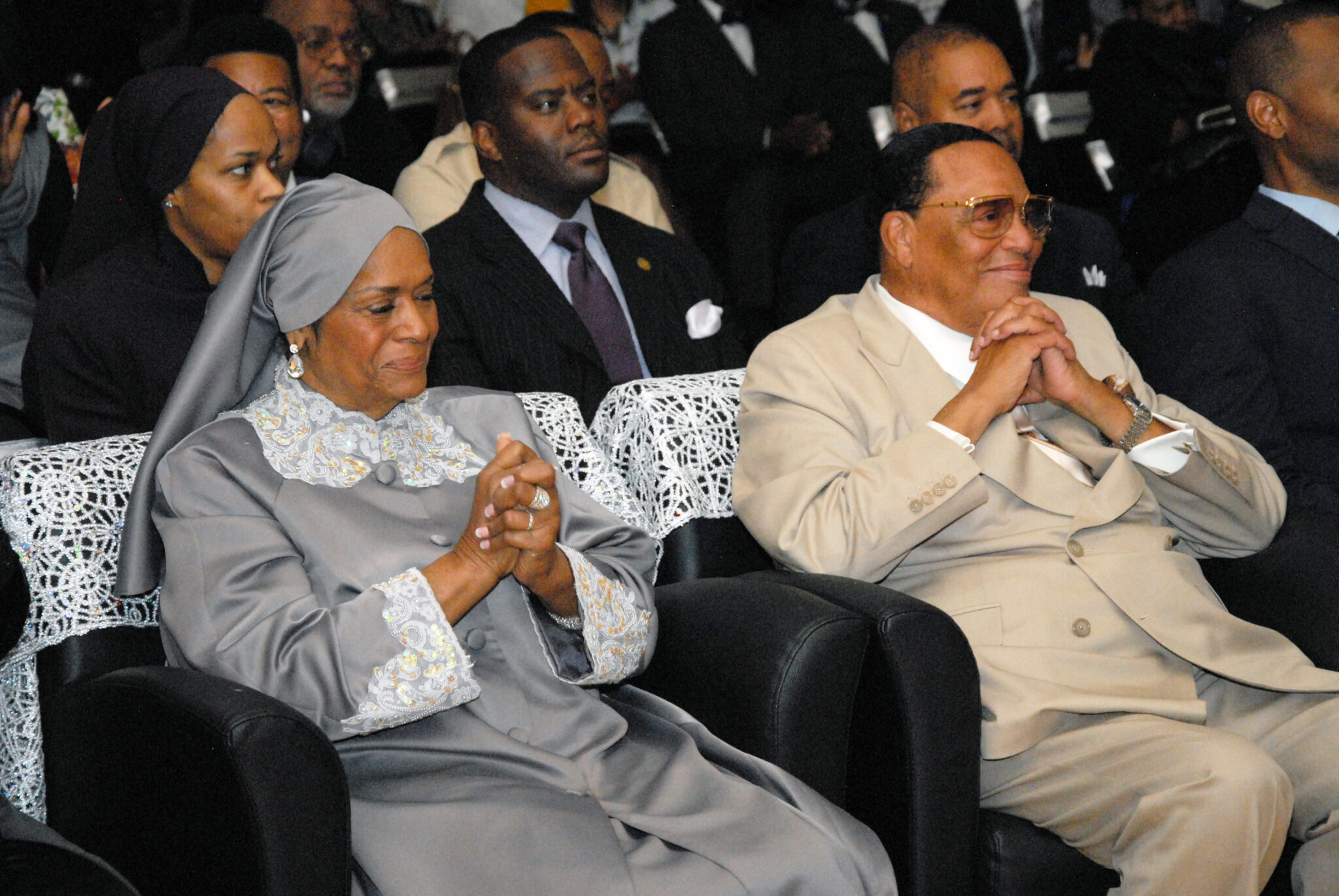 Khadijah Farrakhan, the wife of Nation of Islam leader Louis Farrakhan and a longtime figure in the movement, sits with her husband during a Mother Khadijah Farrakhan Children’s Village fundraiser at Muhammad University of Islam in Chicago, Illinois, in May 2018