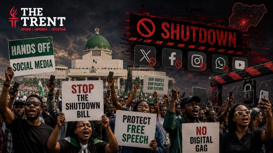 An illustration shows protesters opposing a proposed social media shutdown bill outside the National Assembly in Abuja. | The Trent