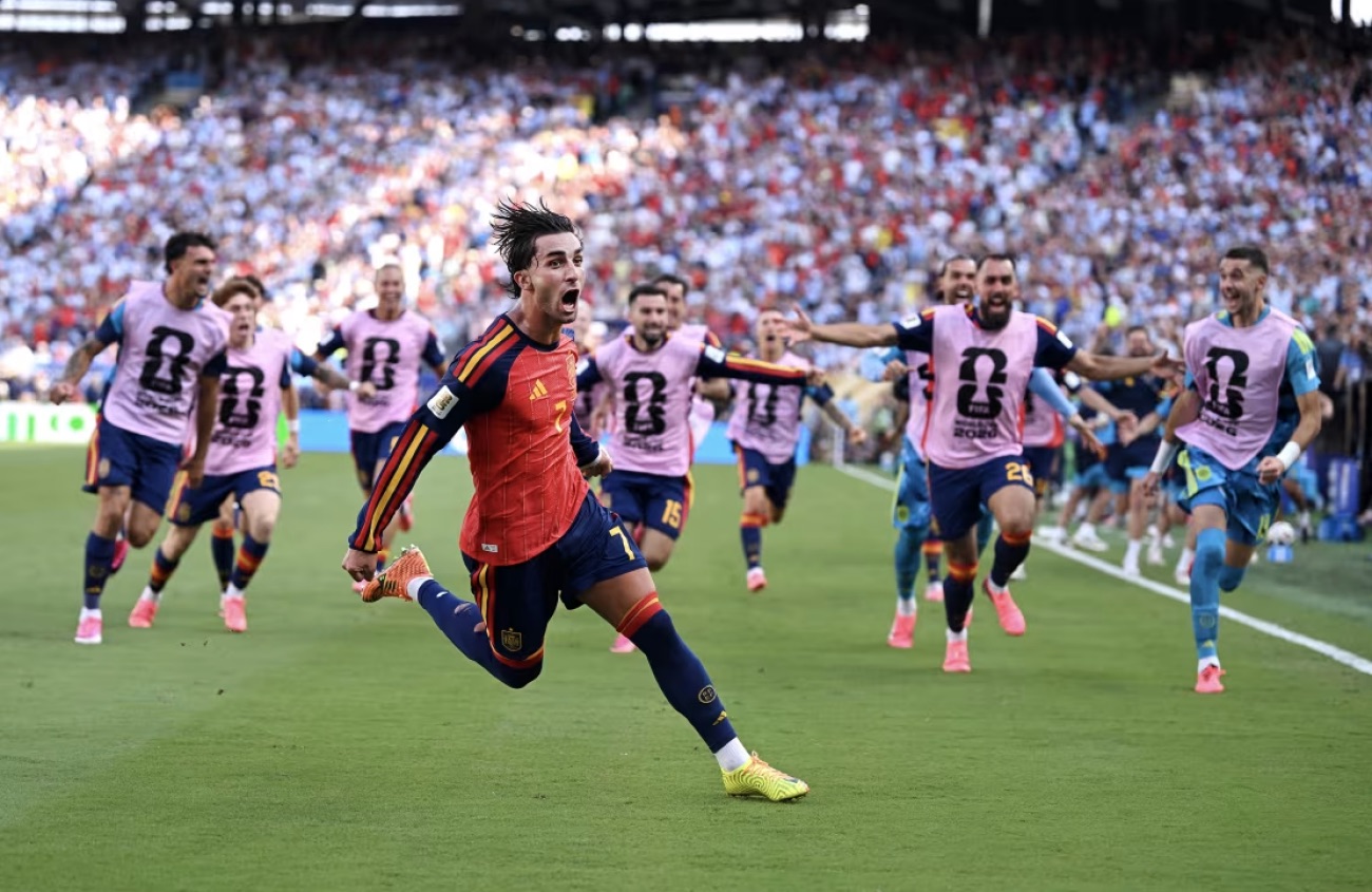 Ferran Torres of Spain celebrates after scoring the first goal of the game against Argentina at New York New Jersey Stadium on Sunday, July 19, 2026. | David Ramos/Getty Images