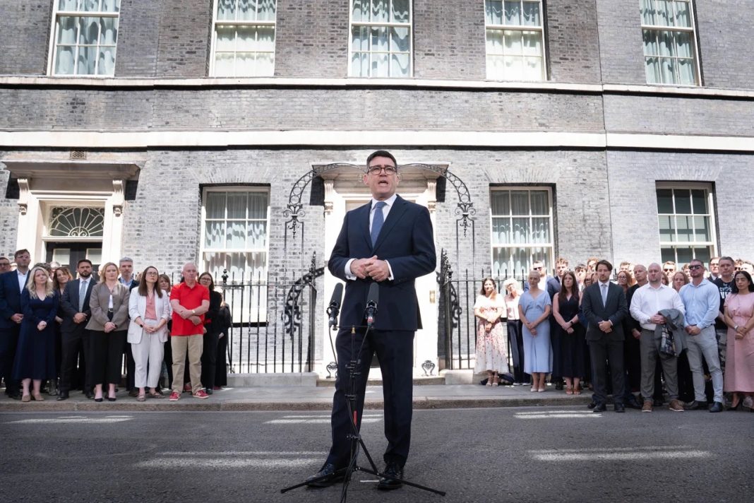 British Prime Minister Andy Burnham delivers his first remarks outside 10 Downing Street after taking office in London on July 20, 2026. | Thomas Krych/AP