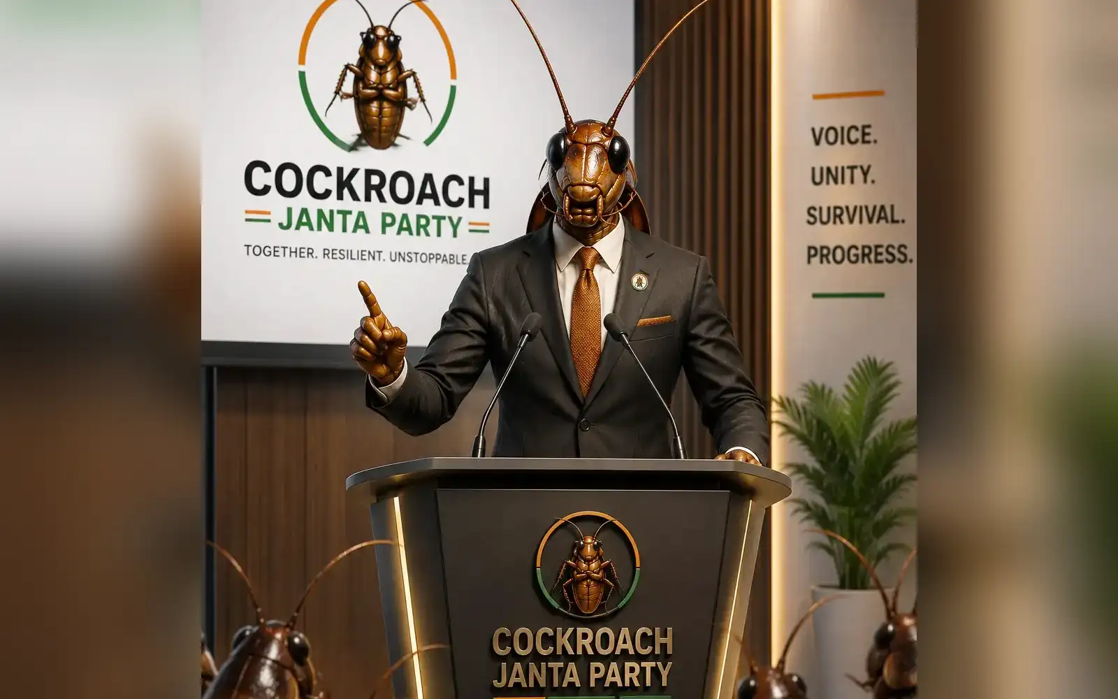 An illustration shows the Cockroach Janta Party’s satirical cockroach mascot at a podium with the slogan “One Movement. One Nation. One Change.” | The Trent