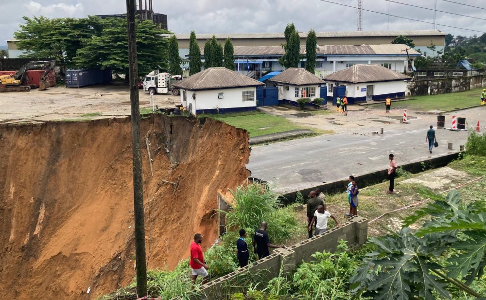 A section of Anansa Road in Calabar, Cross River State, is seen after a landslide triggered by persistent rainfall damaged the waterfront road in July 2026.