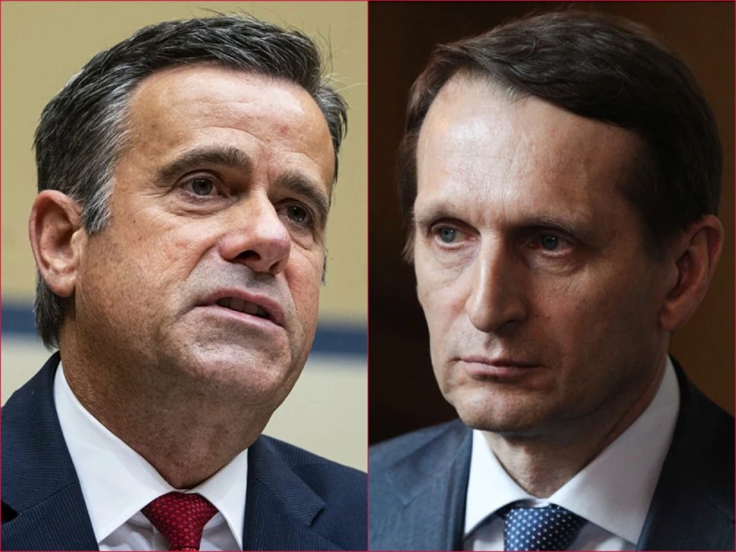 CIA Director John Ratcliffe, left, held talks in Moscow with Russia's foreign intelligence chief, Sergey Naryshkin,