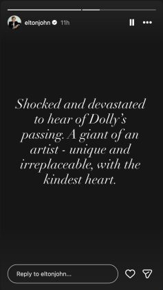 Elton John's tribute to Dolly Parton shared on his Instagram Story on August 25, 2026. | Screengrab from Instagram/The Trent