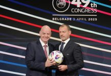 UEFA Places FIFA on Legal Notice Over Infantino’s Abandoned World Cup Investment Plan UEFA President Aleksander Ceferin and FIFA president Gianni Infantino, left, holding a ball during the 49th UEFA