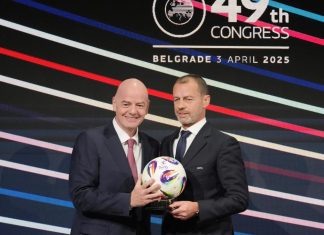 UEFA Places FIFA on Legal Notice Over Infantino’s Abandoned World Cup Investment Plan UEFA President Aleksander Ceferin and FIFA president Gianni Infantino, left, holding a ball during the 49th UEFA
