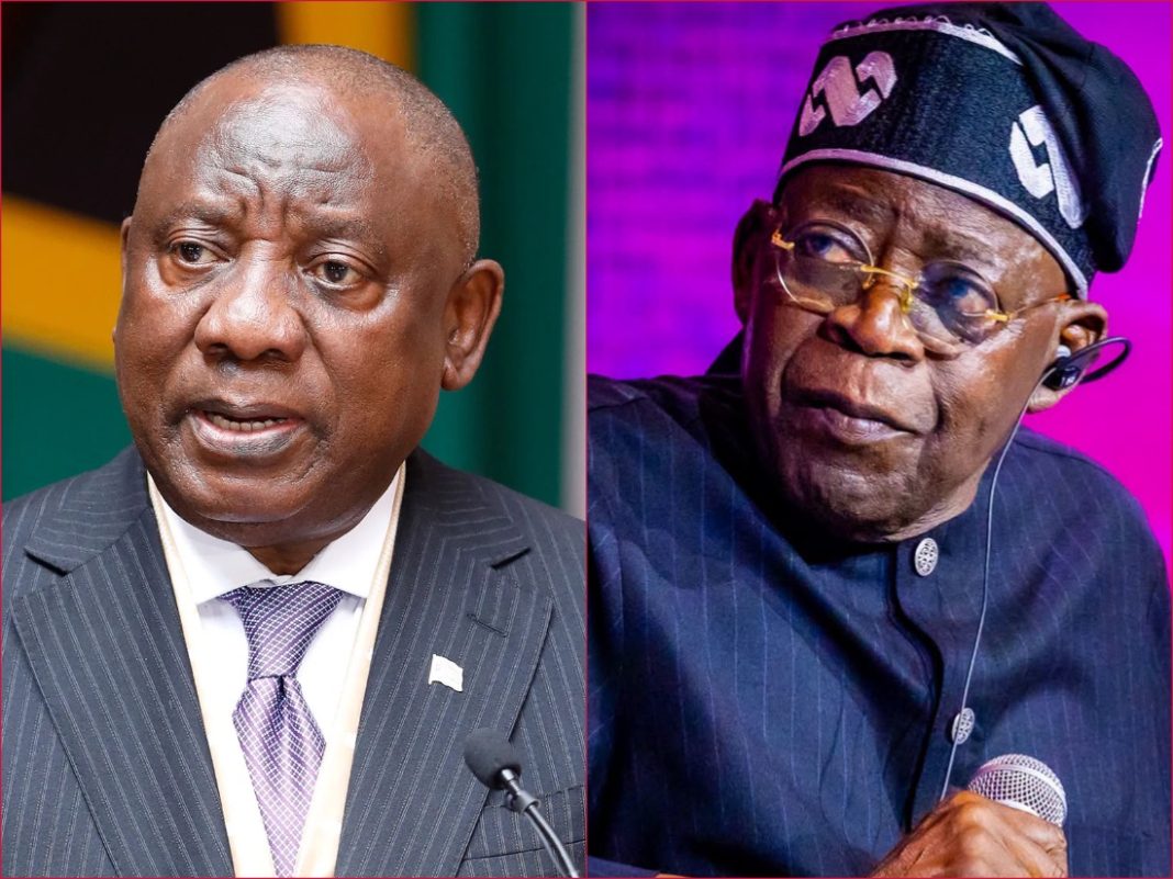 South African President Cyril Ramaphosa, left, and Nigerian President Bola Tinubu are shown in a composite image. South Africa, Nigeria