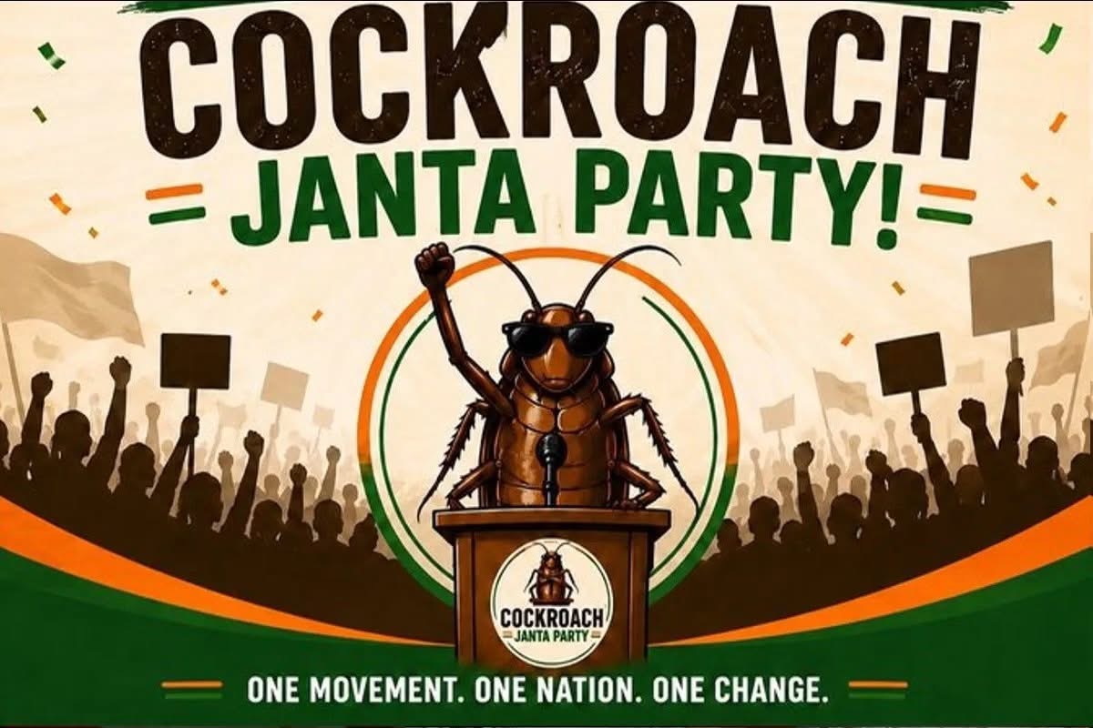 An illustration depicts the Cockroach Janta Party, the satirical youth movement that emerged in India in 2026.