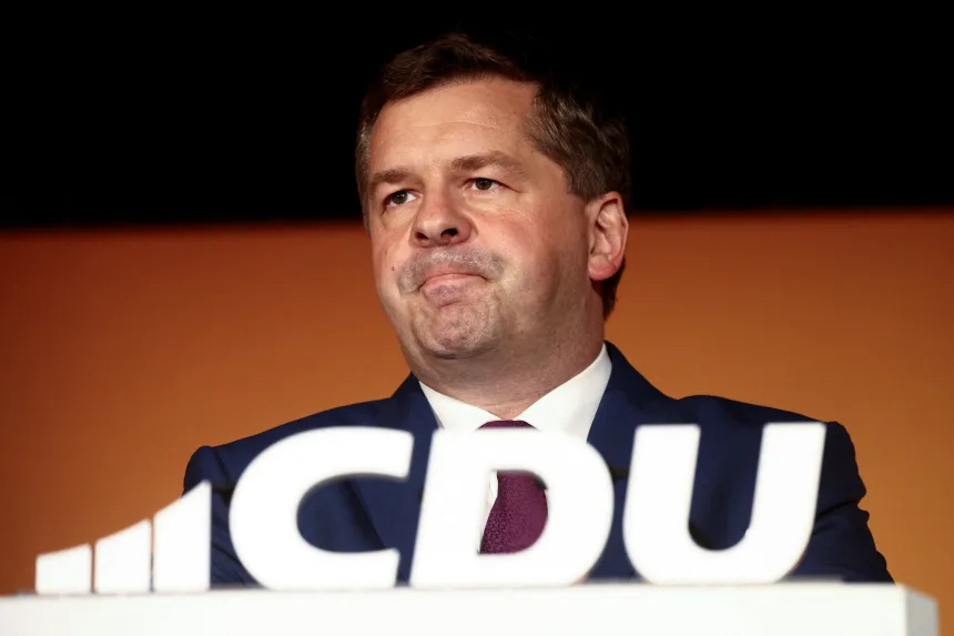 Saxony-Anhalt State Prime Minister and Christian Democratic Union (CDU) top candidate Sven Schulze gestures after exit polls in the Saxony-Anhalt state elections in Magdeburg, Germany, on September 6, 2026.
