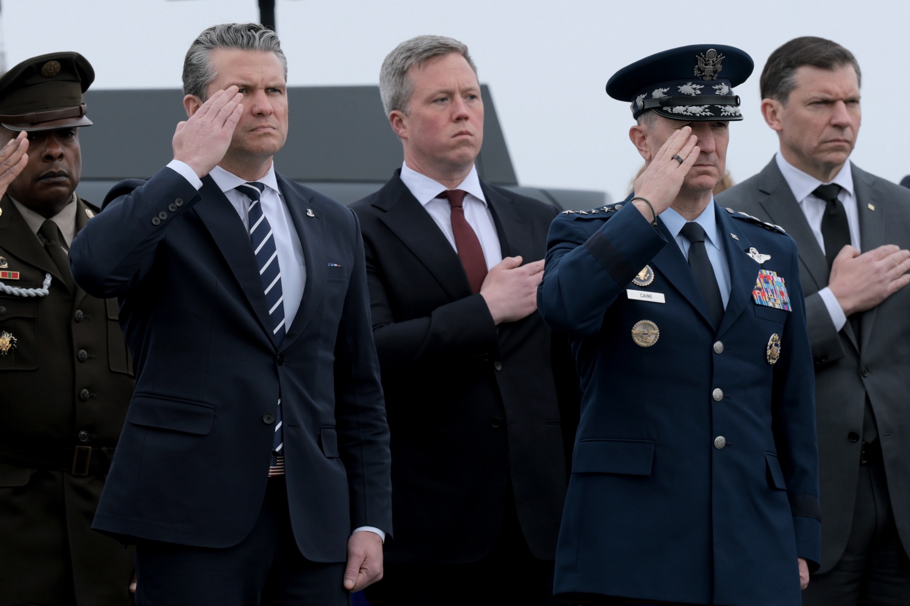 US Secretary of War Pete Hegseth, US Secretary of the Army Daniel Driscoll and Chairman of the Joint Chiefs of Staff, General Dan Caine.